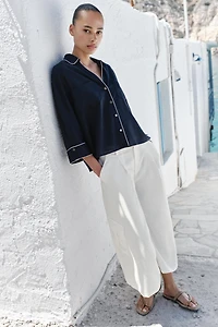 LINEN BLEND SHIRT WITH CONTRAST PIPING