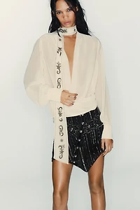 BEADED GEORGETTE SCARF SHIRT