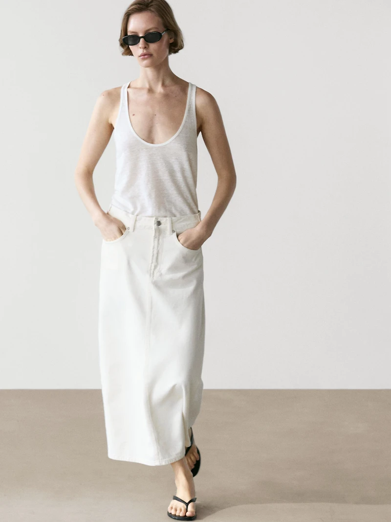 Barrel fit denim midi skirt