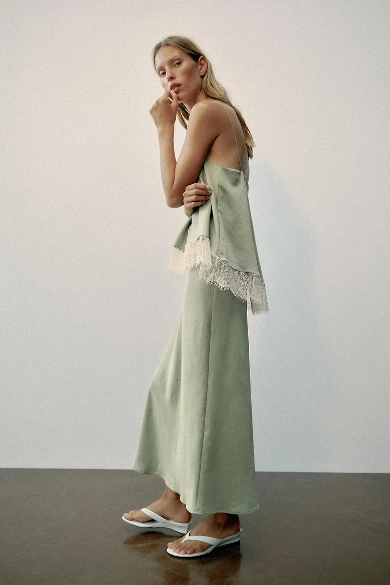 Lace-Trimmed Satin Midi Slip Dress