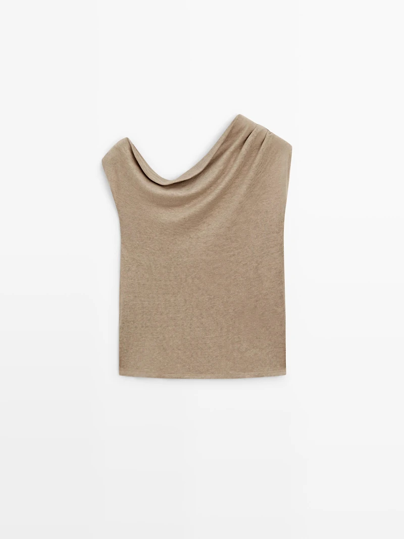 Asymmetric linen blend top with draped detail