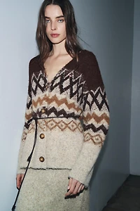 SEQUINED JACQUARD KNIT CARDIGAN WITH BELT