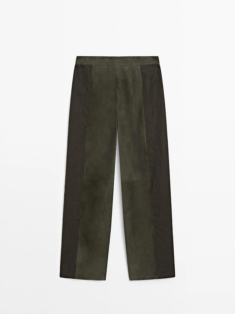 Suede leather trousers with linen detail