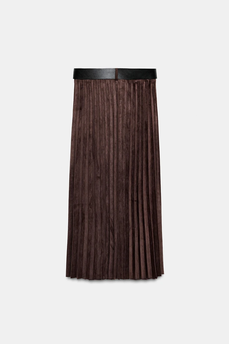 SUEDE EFFECT PLEATED MIDI SKIRT WITH BELT