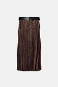 SUEDE EFFECT PLEATED MIDI SKIRT WITH BELT