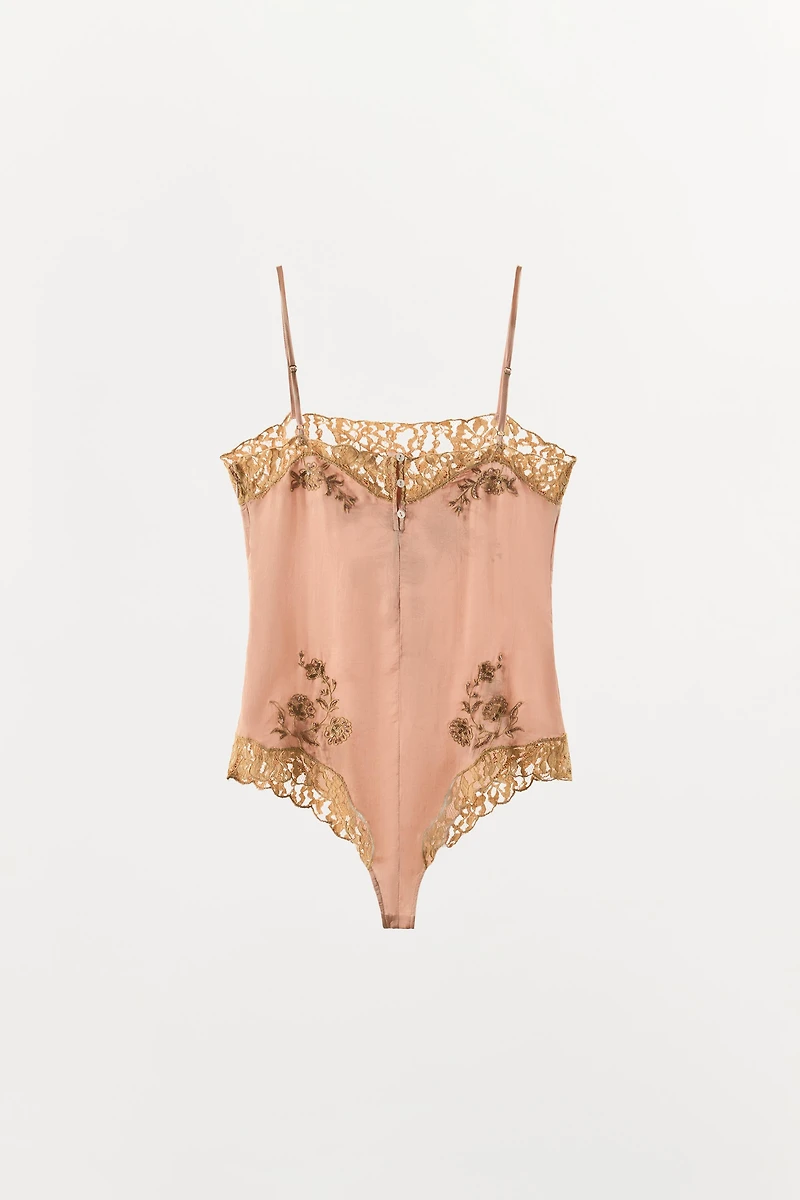 EMBROIDERED SATIN EFFECT BODYSUIT