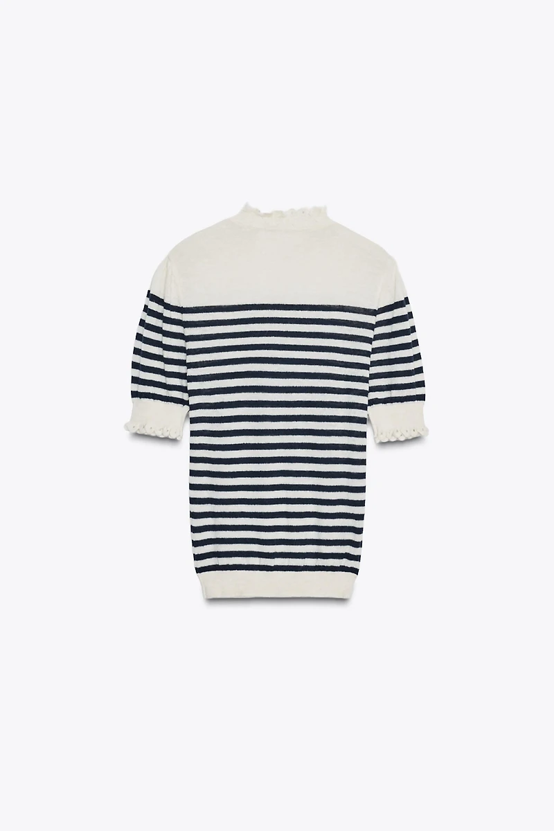 RUFFLE TRIM STRIPED KNIT TOP