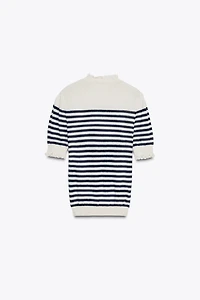 RUFFLE TRIM STRIPED KNIT TOP