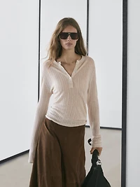 Cutwork wool blend henley sweater