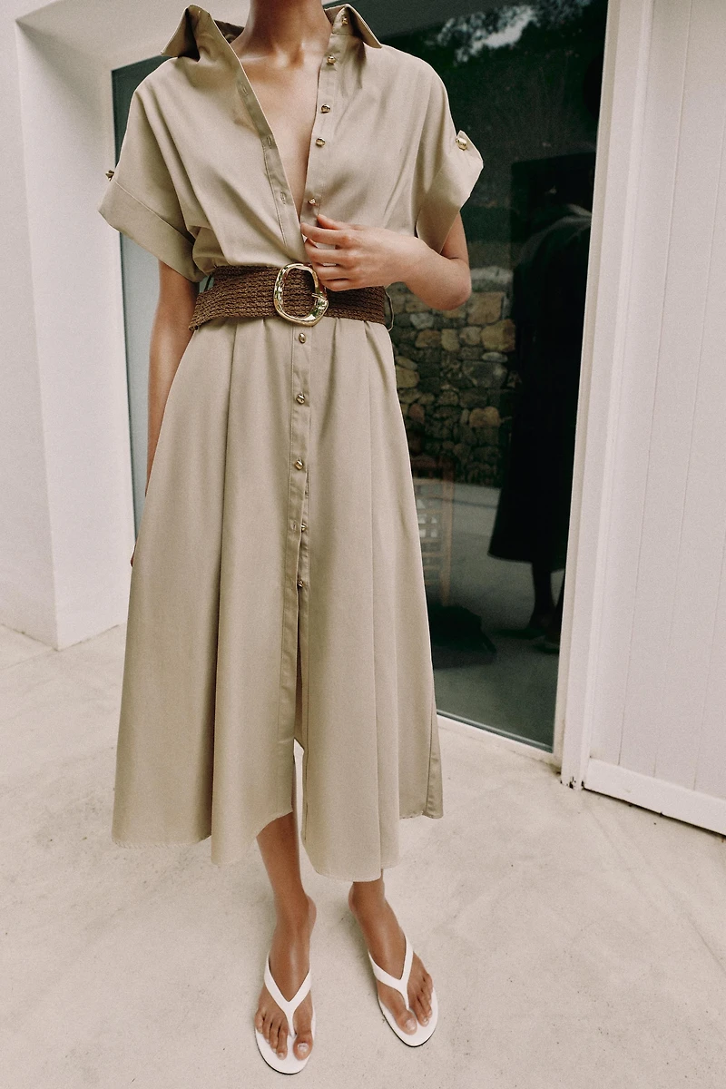 BELTED POPLIN MIDI DRESS