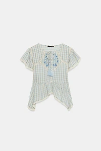 EMBROIDERED PLAID LACE INSERT TOP