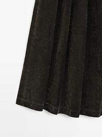 Flocked denim midi skirt with box pleats