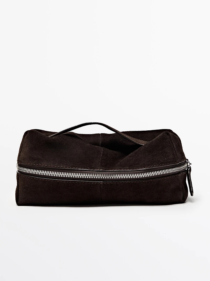 Suede leather toiletry bag with zip