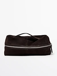 Suede leather toiletry bag with zip