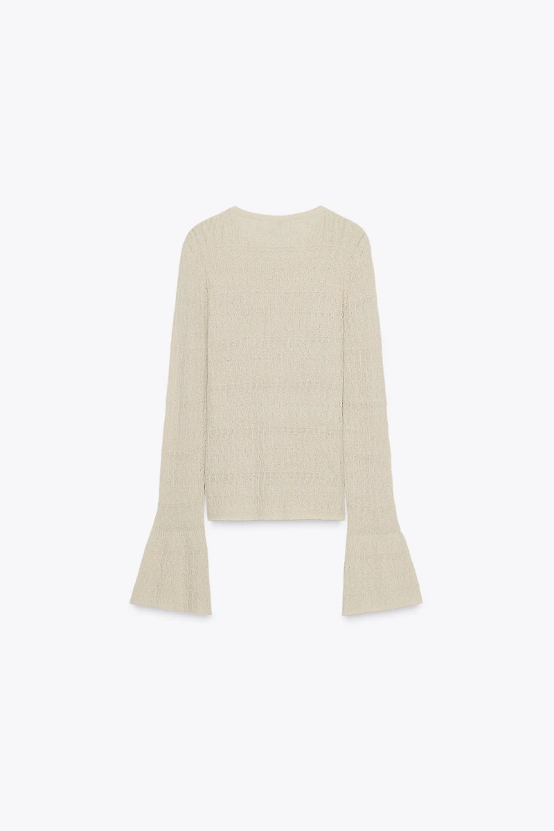 BELL SLEEVE POINTELLE KNIT SWEATER
