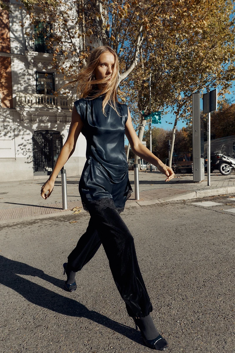 COMBINATION SATIN EFFECT LACE MINI DRESS