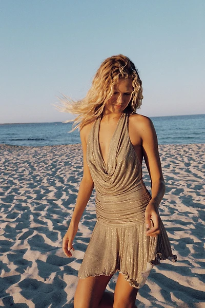 SPARKLY DRAPED HALTER MINI DRESS