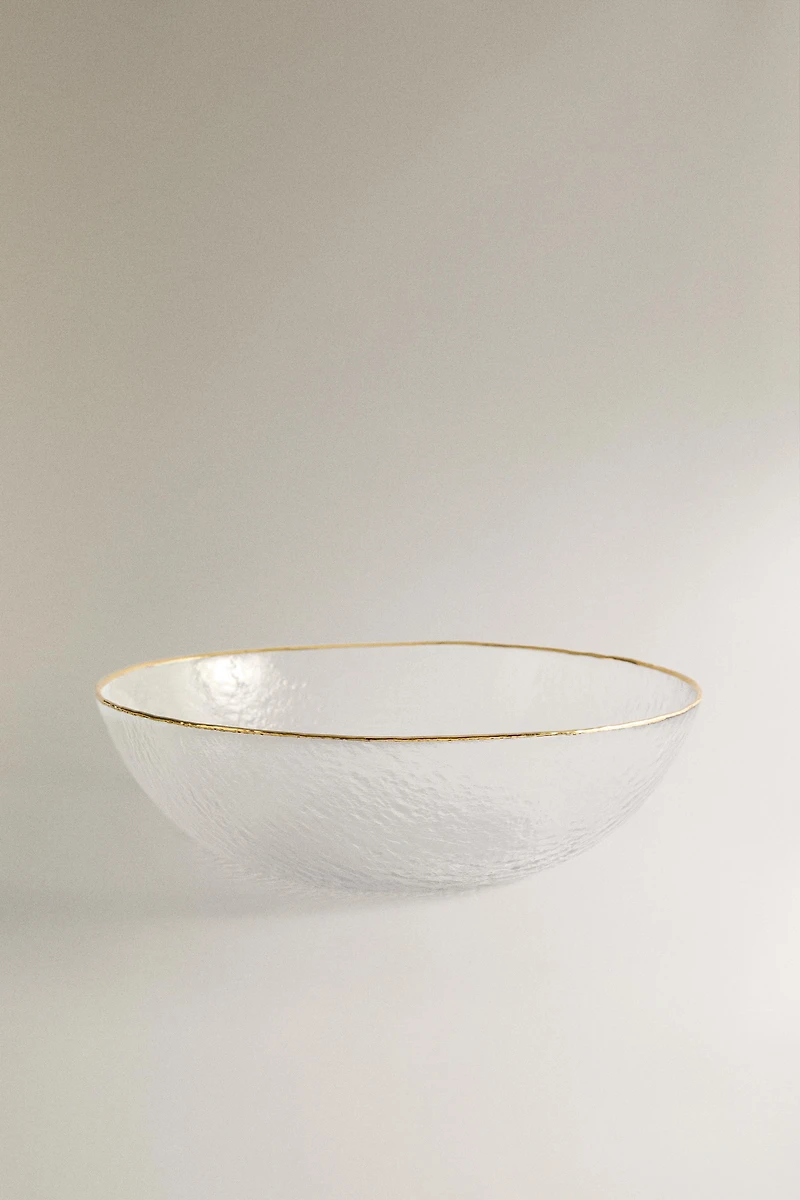 RAISED GLASS SALAD BOWL WITH A GOLD RIM