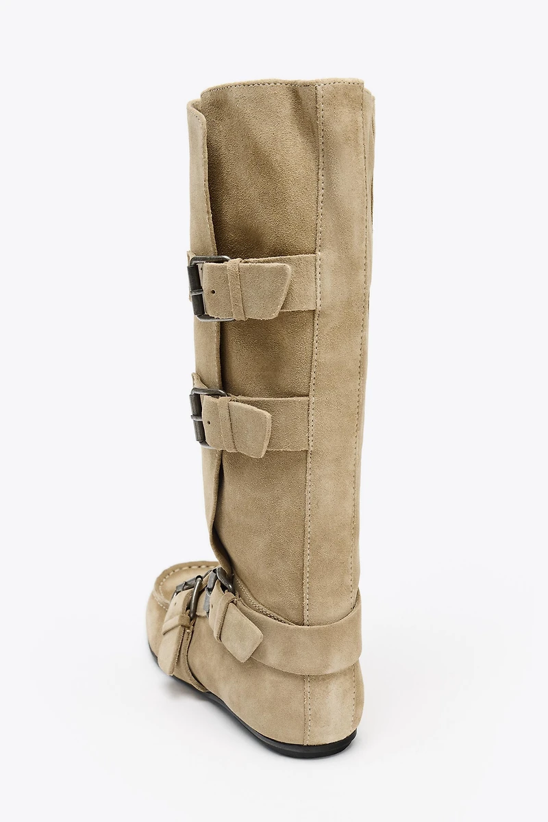 BUCKLED SPLIT LEATHER BOOTS