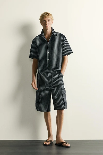 STRIPED COTTON-LINEN DENIM CARGO SHORTS
