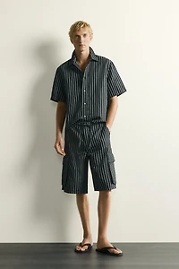 STRIPED COTTON-LINEN DENIM CARGO SHORTS
