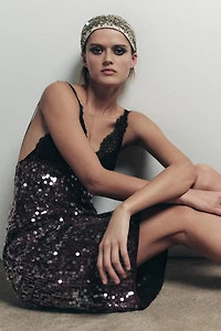 COMBINATION SEQUIN LACE MIDI DRESS