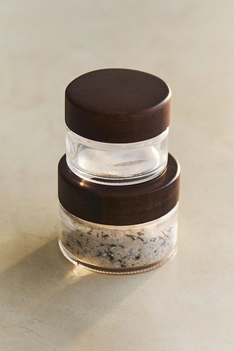 GLASS AND WOOD BATHROOM ORGANIZER JAR