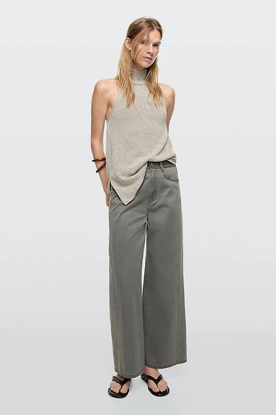 Wide-leg cotton jeans with denim detail