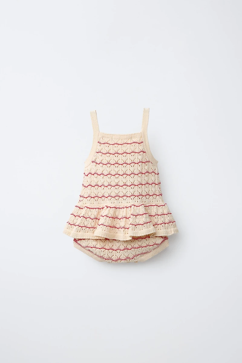 STRIPED POINTELLE KNIT ROMPER