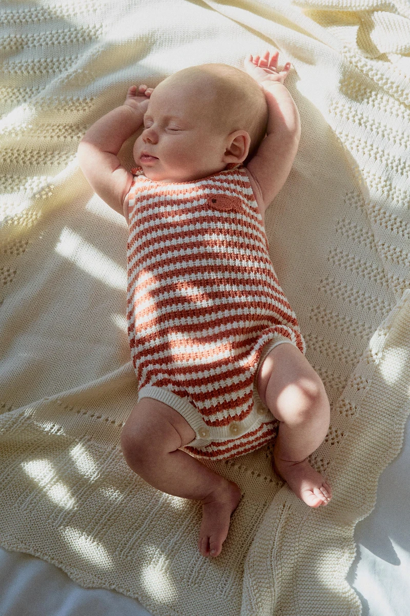 EMBROIDERED FISH STRIPED KNIT ROMPER