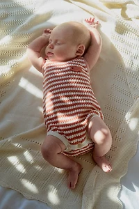 EMBROIDERED FISH STRIPED KNIT ROMPER