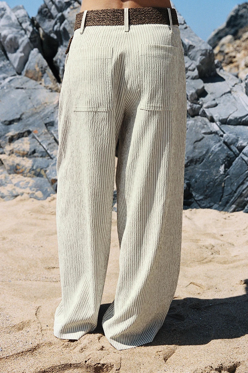 WIDE STRIPED BELTED PANTS