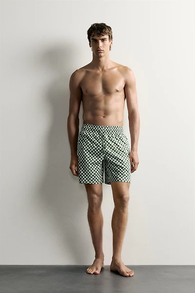 CHECKED LONG SWIM SHORTS