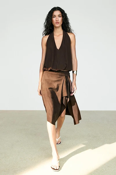 Suede leather midi skirt with ruffle detail