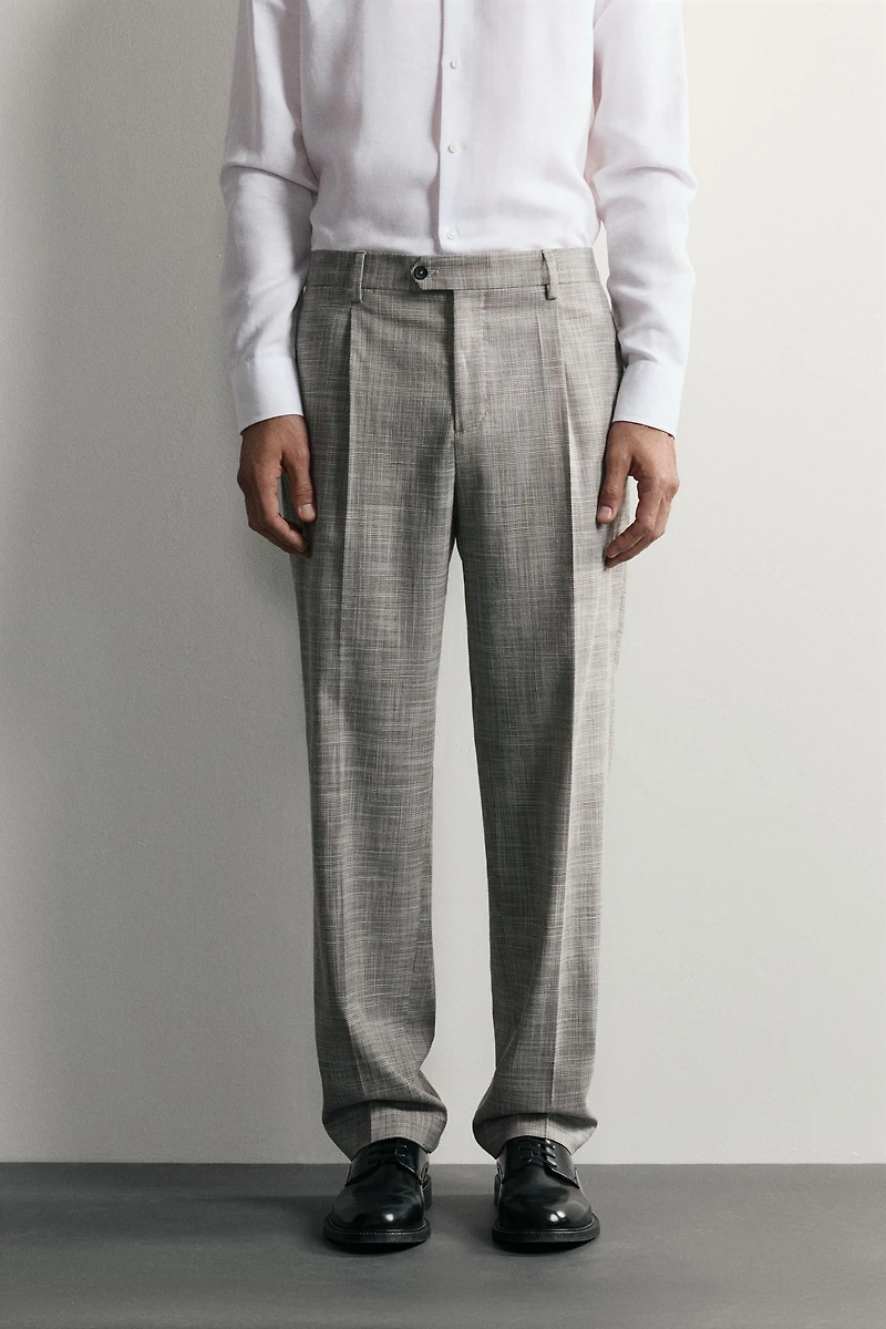 CHECKED WOOL BLEND PLEATED SUIT PANTS