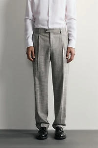 CHECKED WOOL BLEND PLEATED SUIT PANTS
