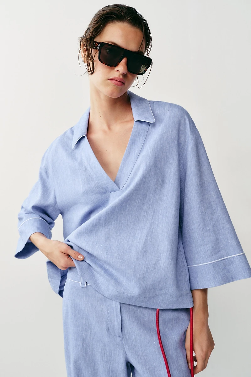 LINEN BLOUSE WITH CONTRAST PIPING