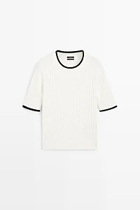 Short sleeve cable-knit sweater