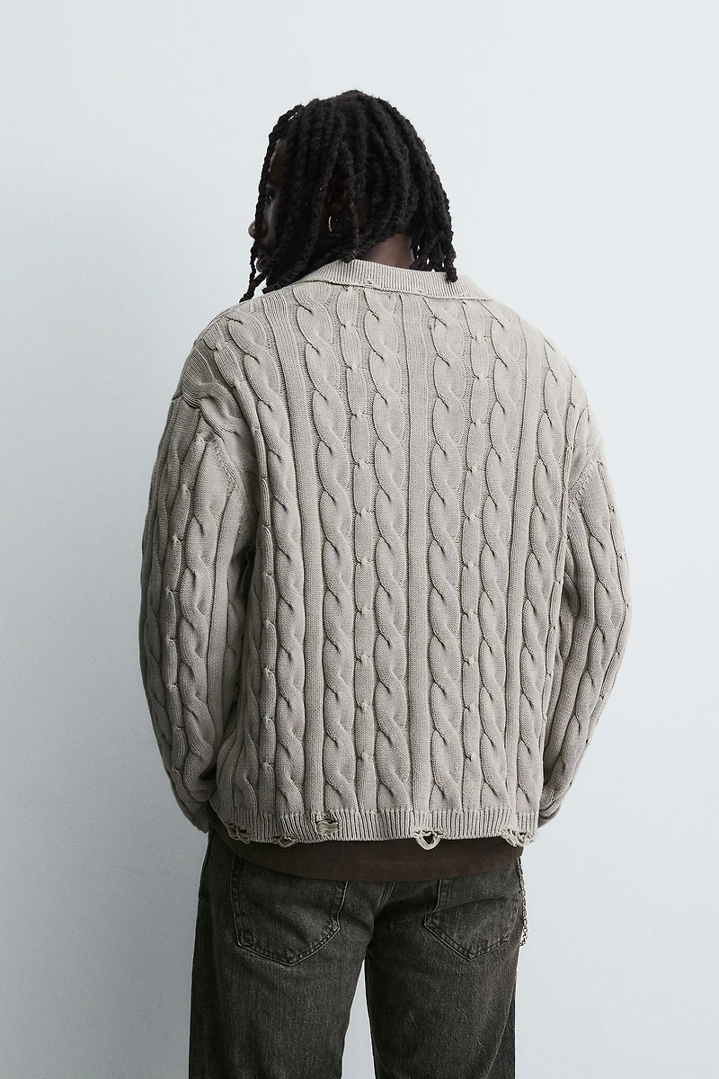 DISTRESSED BRAIDED TEXTURED POLO SHIRT