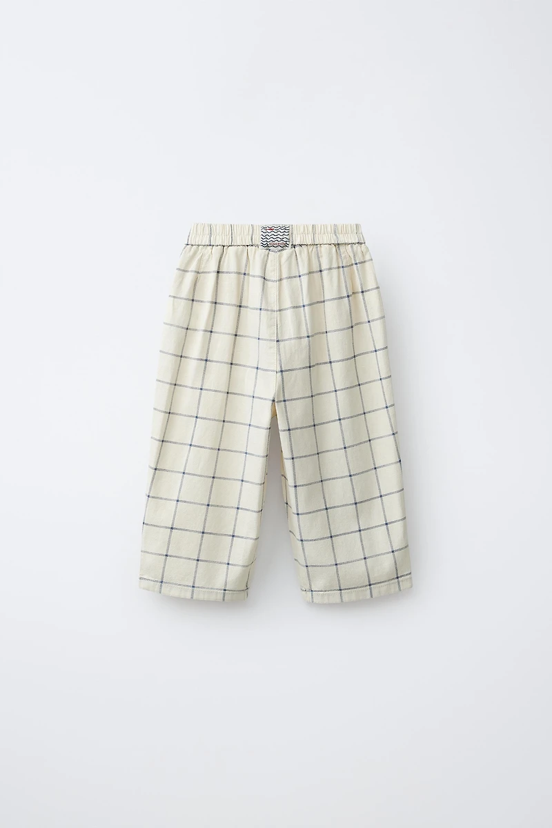 COTTON LINEN BLEND PLAID BAGGY PANTS