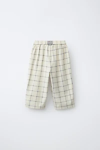 COTTON LINEN BLEND PLAID BAGGY PANTS