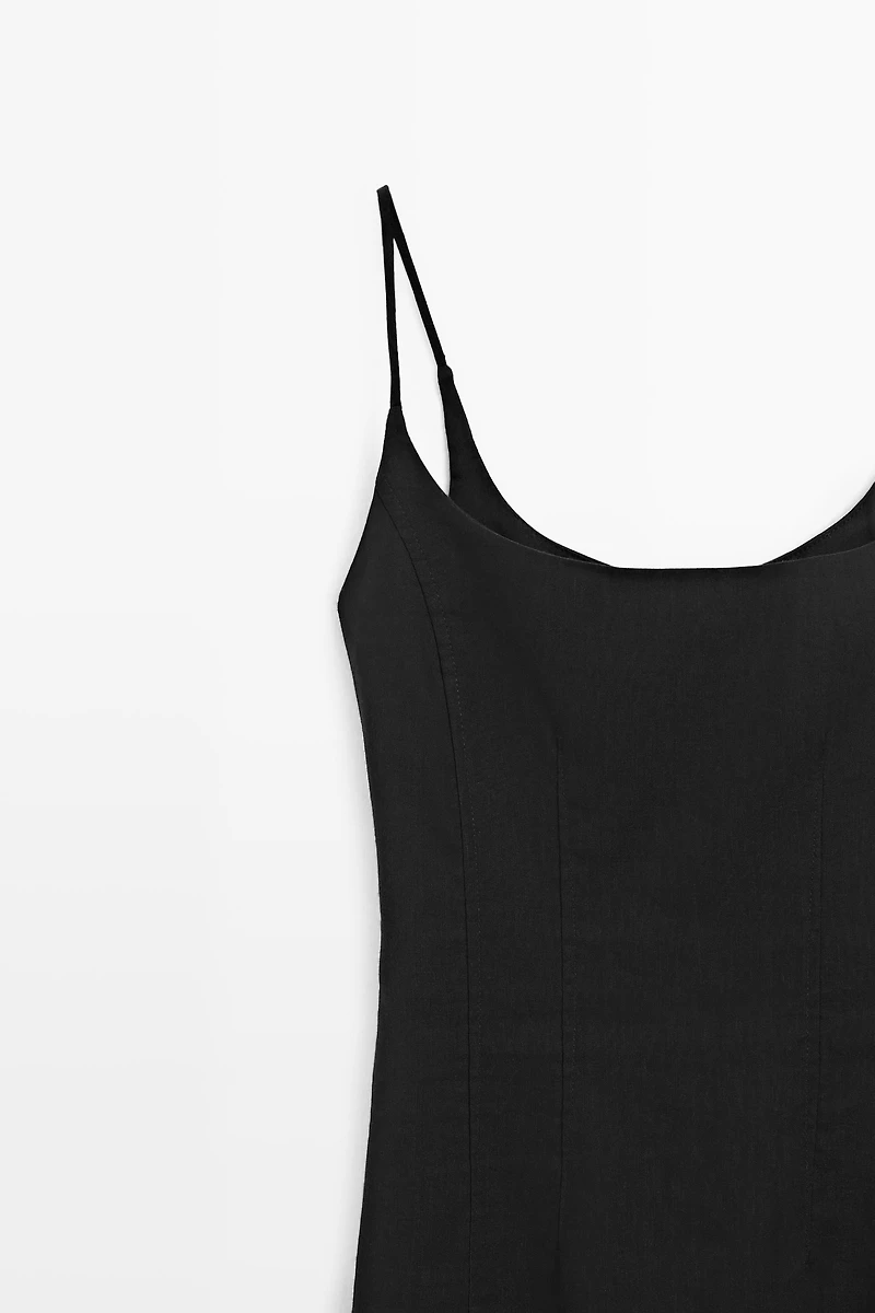 Linen-blend thin strap midi dress