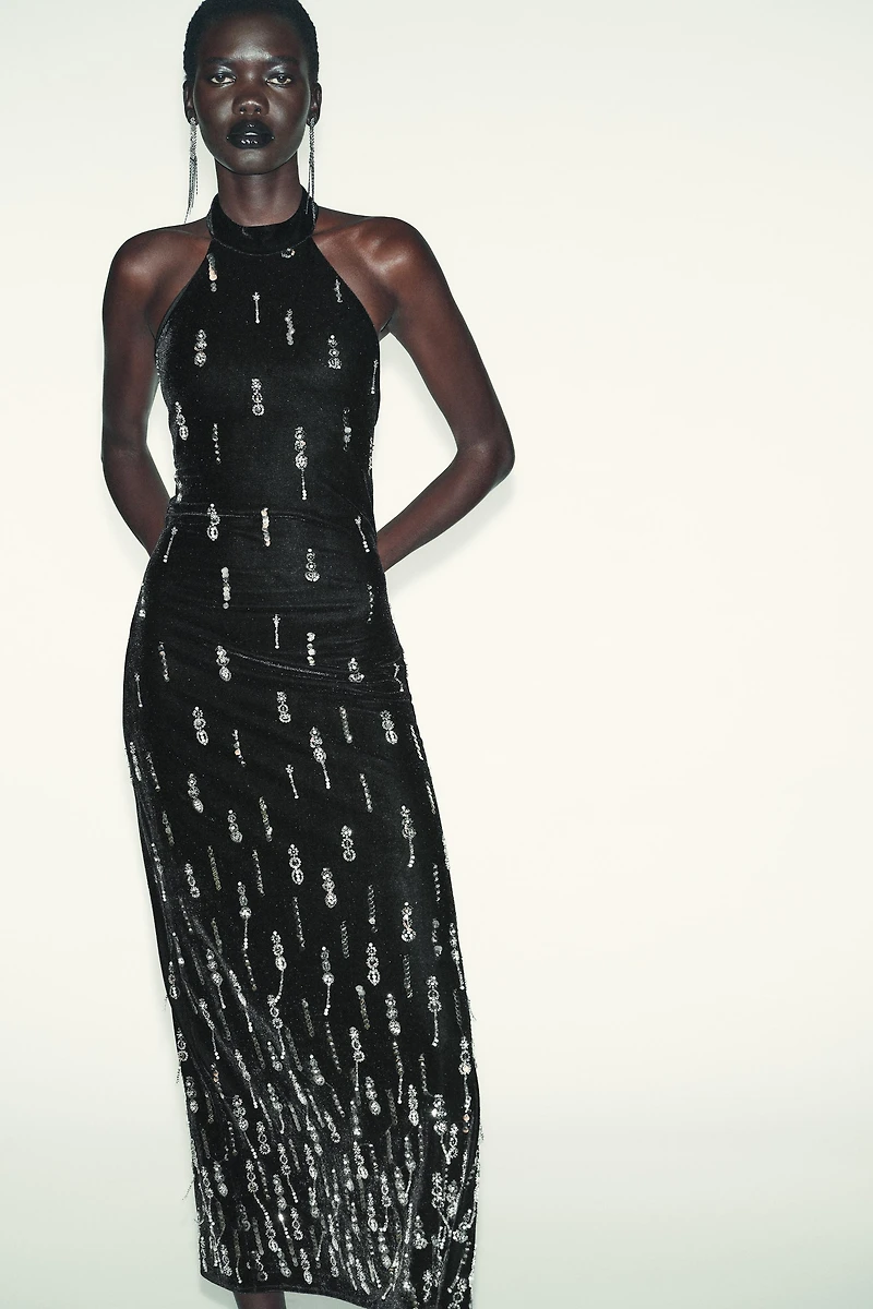 BEADED VELVET MIDI DRESS