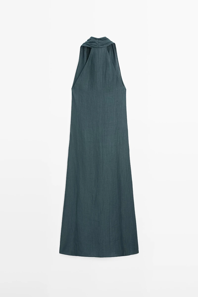 Linen blend midi dress with V-neckline