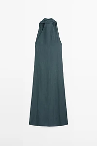 Linen blend midi dress with V-neckline