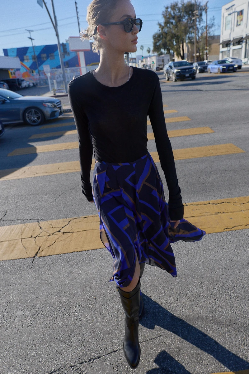 ASYMMETRIC PRINTED MIDI SKIRT