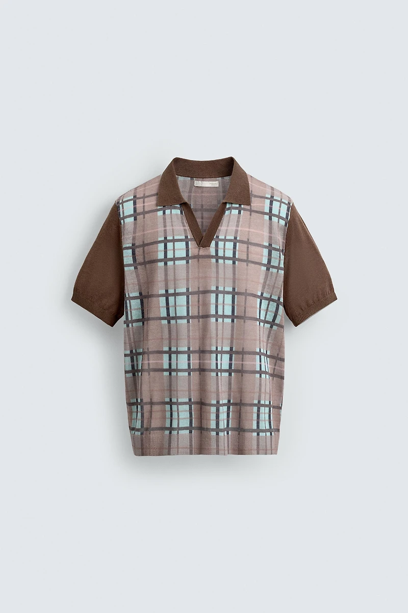 CHECKERED PRINT KNIT POLO SHIRT
