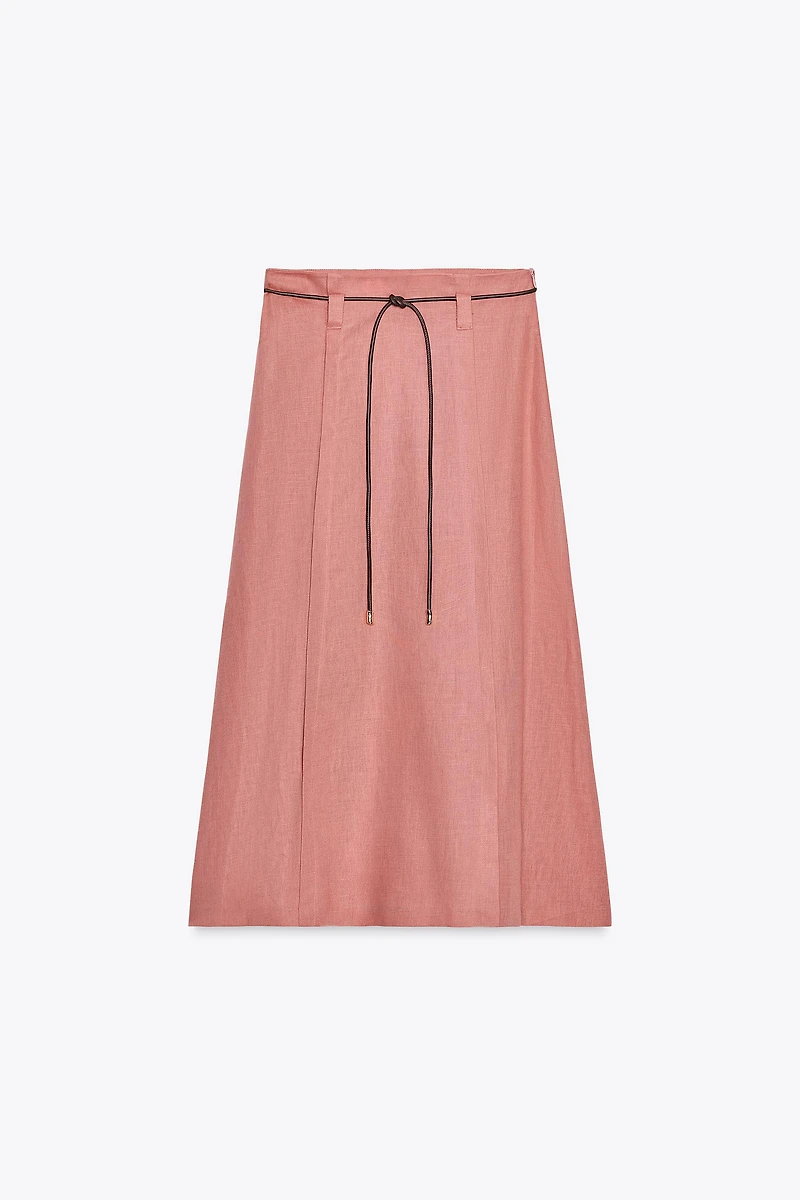 LINEN BELTED MIDI SKIRT