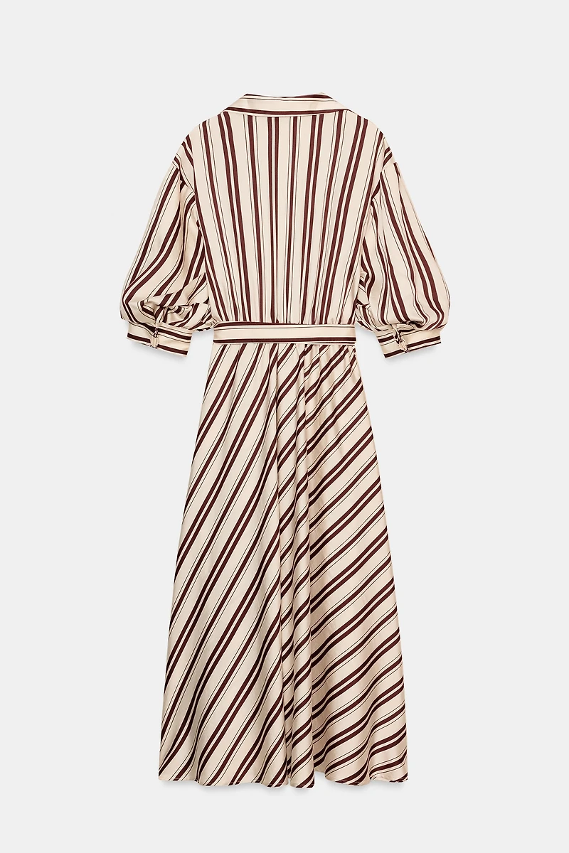 STRIPED BELTED MIDI DRESS