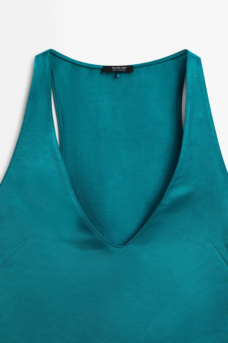 Satin linen blend V-neck top